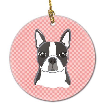 Carolines Treasures Checkerboard Pink Boston Terrier Ceramic Ornament- 2.81 In. BB1203CO1